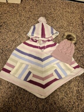 New Lot of 2 Striped Hooded Poncho with Pom Hat - Pastel Stripes Size 2